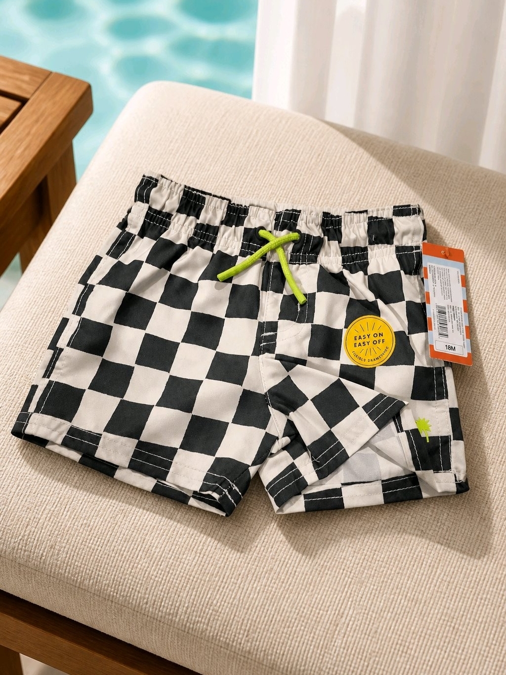 Cat & Jack Black and White Checkered Kids Swim Trunks with Lime Drawstring